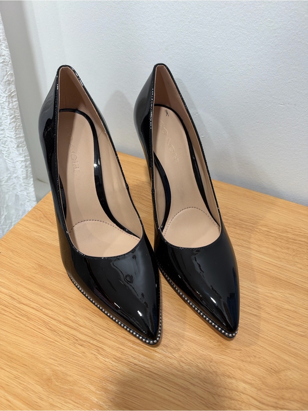 Coach Black Patent Pointed Toe Pumps with Stud Trim
